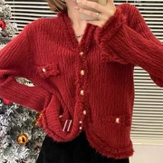 红色毛衣外套女秋冬季外穿别致设计感小众，小香风温柔气质针织开衫