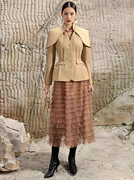 2024越南设计师春斗篷西服半身裙时尚套装气质咖色通勤套装女
