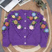 重工立体纯手工棒针花朵，紫色毛衣外套，女加厚秋冬粗针针织开衫上衣