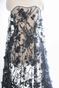 黑色钉珠手工立体花朵刺绣蕾丝G22拖尾礼服绣花面料旗袍服装辅料