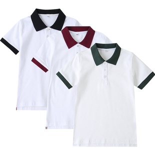 儿童白色polo衫校服男女童，墨绿枣红色短袖翻领t恤小学生藏青领边