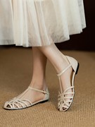 编织带平底凉鞋2024年罗马鞋女夏穿仙女风，镂空低跟平跟凉鞋女