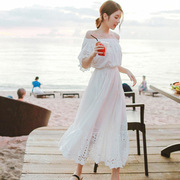 波西米亚长裙女夏 白色沙滩裙 海边度假海滩裙 抹胸一字肩连衣裙