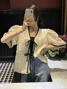 尺码更新chic法式玫瑰花系带泡泡袖外套女宽松气质开衫