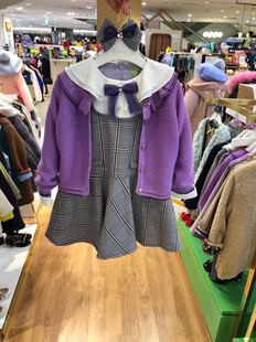 韩国中大童装 秋女童英伦风淑女假两件连衣裙 紫色毛衣开衫