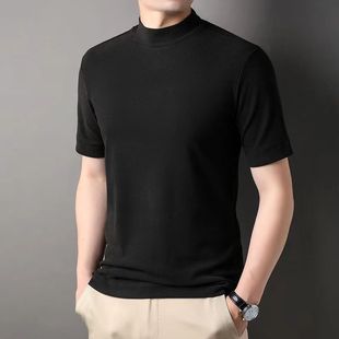 夏季个性时尚修身短袖男t恤韩版紧身半高领打底衫，t血桖潮半袖