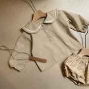 宝宝儿童套装风格子上衣+面包短裤套装男2023秋款韩国婴儿海军女