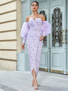 紫色浮雕提花泡泡长袖连衣裙，女法式气质，珍珠扣收腰显瘦小礼服长裙