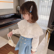 女宝宝长袖衬衫婴儿棉布娃娃衫0-8岁女童白色大荷叶领衬衫2022春