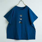猫咪刺绣出口日本单针织棉T恤宽松蝙蝠袖女款