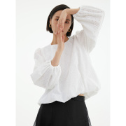纯棉刺绣镂空套头衬衫女纯美风白色花苞袖，宽松防晒长袖衬衣空调衫