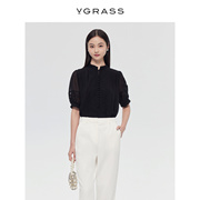 VGRASS黑色泡泡袖真丝短袖衬衫女24年夏季蕾丝拼接VSX1P2001A