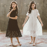 2024夏季韩版女大童连衣裙蕾丝短袖，纯色甜美长裙，仙女款公主裙b类