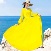 2024夏季泡泡袖v领长袖黄色，雪纺连衣裙女修身显瘦大摆沙滩裙