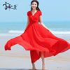 红色雪纺连衣裙女2024夏V领收腰显瘦气质海边沙滩裙大摆长裙