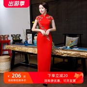 长款旗袍时尚女端庄红色改良中国风老上海走秀演出连衣裙