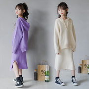 20秋冬韩版女童套装毛衣针织休闲套装中大童带帽卫衣针织裙两件套