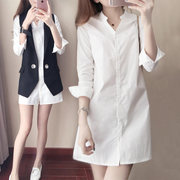 2024年春季韩版V领纯棉白衬衫女中长款修身显瘦性感长袖时尚衬衣