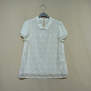 外贸原单日系甜美衬衫，女夏季白色雪纺，蕾丝镂空短袖衬衣