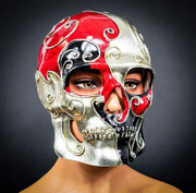 美国skull◇手作蒸汽朋克万圣节银，红色骷髅全头cosplay面具