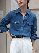 法式复古蓝色牛仔衬衫外套女春秋小众设计感上衣休闲宽松叠穿衬衣