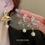 银针扇子镶钻珍珠吊坠耳环，新中式国潮耳坠个性气质高级感耳饰