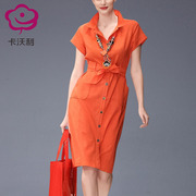 时尚轻熟风橘红色修身衬衫裙，2024夏收腰气质纯棉连衣裙中长款