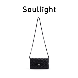 soullight牛皮斜挎包，女轻便黑色菱格链条，单肩包小型通勤包包