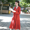 微笑向暖新中式国风连衣裙红色长袖中长款刺绣全棉旗袍长裙2023秋
