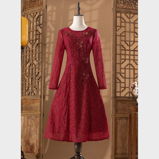 连衣裙红色礼服袖喜婆婆婚宴，装结婚礼服妈妈洋气高贵高端刺绣