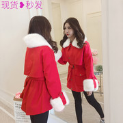 2022冬季韩版中长款收腰毛领工装，加绒加厚红色棉衣女牛仔外套