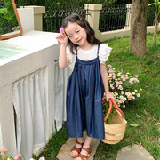 艾摩贝贝女童宝宝韩版洋气，白色衬衫+薄款牛仔，吊带连衣裙夏季套装