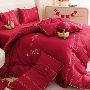 时尚简约婚庆红色四件套100s全棉贡缎玫瑰花刺绣结婚被套床单床单