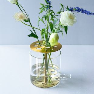 OOOOHins插花神器网红黄铜网格玻璃花瓶创意清新插花摆件