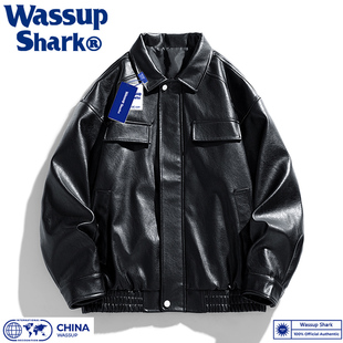 Wassup Shark美式复古飞行员PU皮外套男秋季潮宽松机车皮衣夹克女