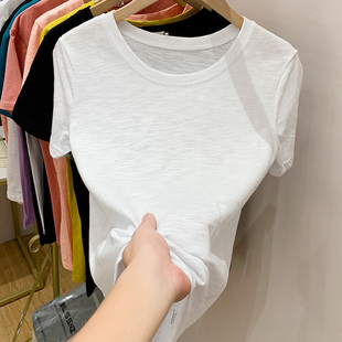 竹节棉t恤女韩版纯色，短袖白色体恤上衣，夏季百搭大圆领打底衫