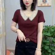 妈妈装钩花娃娃领纯色洋气打底衫时尚女夏季短袖T恤减龄百搭上衣