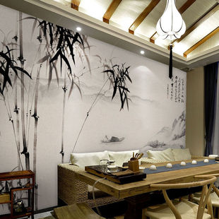 中式新古典(新古典)壁纸，定制壁画风景手绘水墨，竹子墙纸客厅电视背景墙墙布