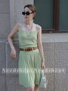 NeedShop12023夏季绿色法式修身羊毛针织吊带百褶裙套装