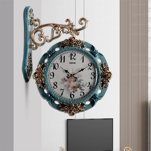 轻奢双面挂钟静音钟表拐角时尚家用欧式复古创意现代美式挂墙时钟