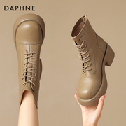 达芙妮系带马丁靴女厚底2023年秋季单靴复古奶，茶色粗高跟短靴