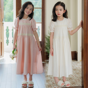 夏季女童长款波西米亚连衣裙童装粉色拼蕾丝裙子中大儿童长裙