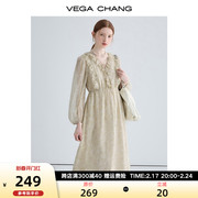 vegachang长袖连衣裙，2024女夏季法式复古度假风，碎花长裙子潮