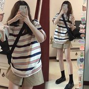 大码孕妇短袖套装夏季韩版宽松上衣显瘦减龄条纹T恤棉麻短裤200斤