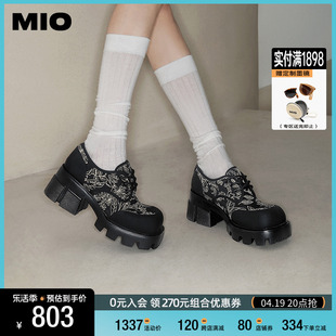 MIO米奥2024年春季方头高跟牛津鞋中式复古显高厚底松糕鞋女