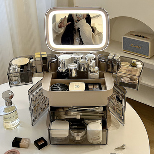化妆品收纳盒桌面带镜子一体梳妆台护肤品香水，置物架口红收纳柜箱