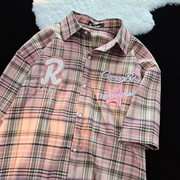 jianyinz美式复古粉色格子刺绣短袖，衬衫男女宽松夏季情侣格纹衬衣