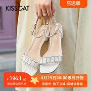 KISSCAT/接吻猫夏季羊皮露趾一字扣带粗跟凉鞋女KA32335-10