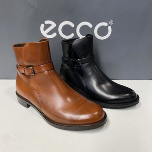 ECCO爱步女靴23牛皮侧拉链时装靴短靴平底圆头皮靴249333型塑