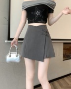 不规则中国风灰色西装半身裙女大码高腰遮跨a字短裤裙显瘦阔腿裤